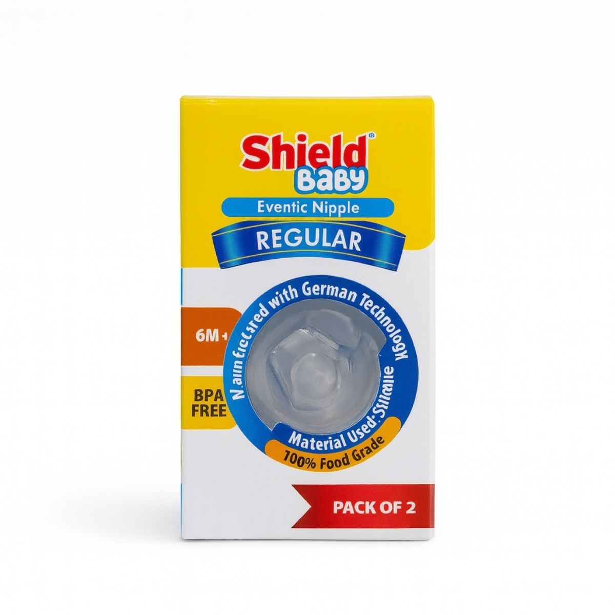 Buy Shield Baby Regular Nipples (2 pcs, 6m+) at Amma’s Super Mart. BPA-free, durable, and safe for baby feeding bottles. Fast delivery in Karachi!