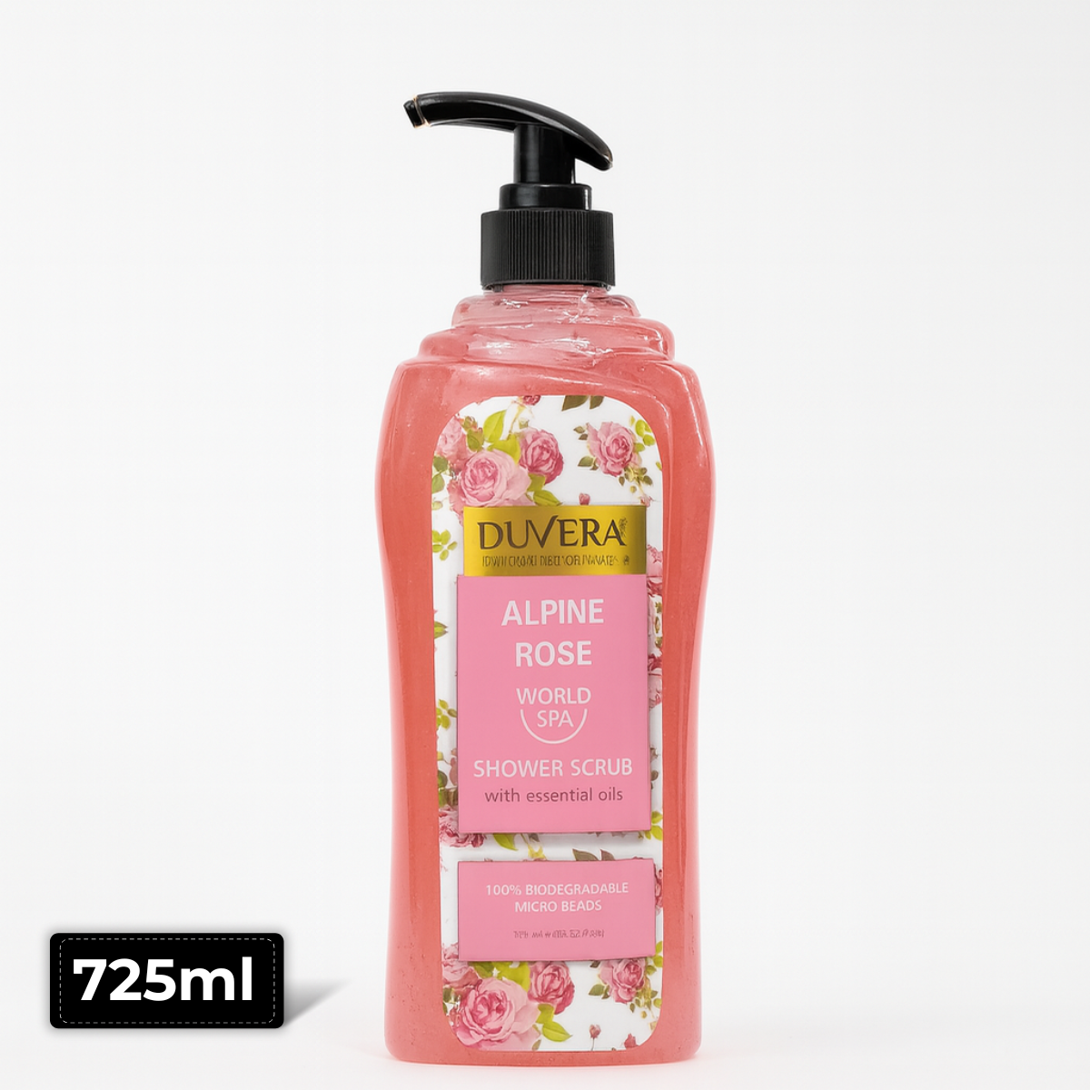 Duvera Alpine Rose Refreshing Shower 725ml bottle – 2-in-1 hair and body wash with soft rose fragrance, available at AMMA’s SUPER MART
