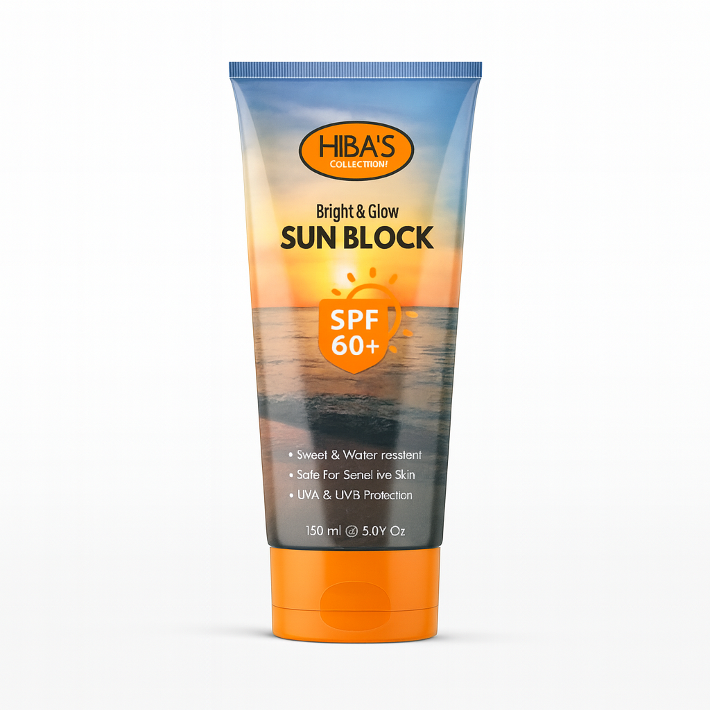 Hibas Collection Bright & Glow Sun Block SPF 60+ 150ml – Brightening sunscreen with high UV protection at Amma’s Super Mart