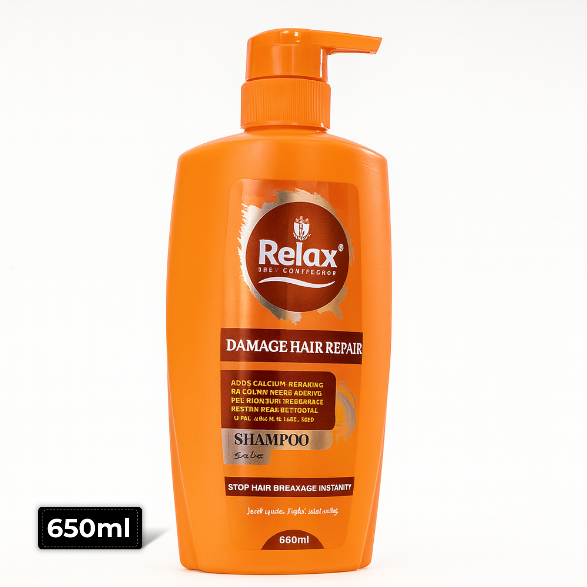 Relax Damage Hair Repair Shampoo 650ml bottle – Repairs and restores damaged hair, available at AMMA’s SUPER MART
